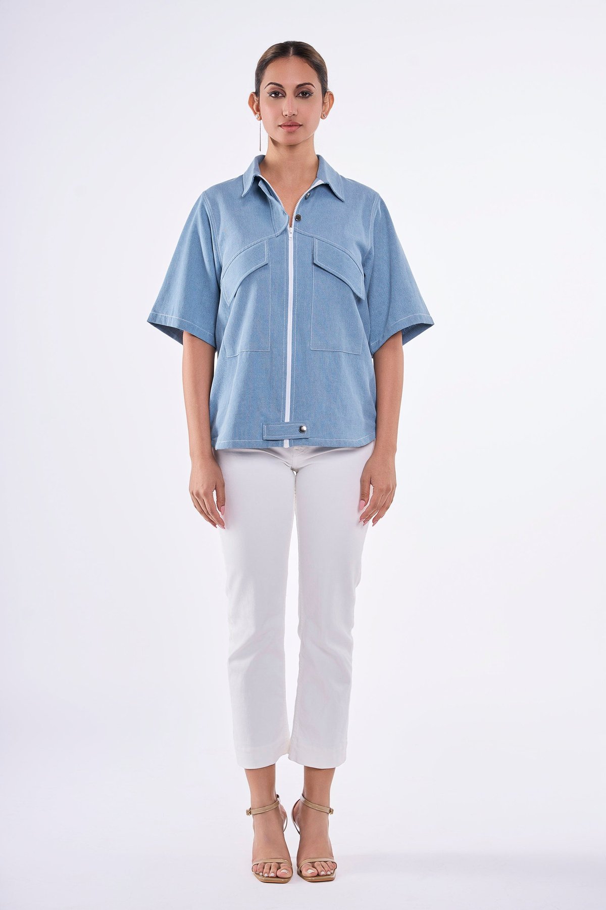 Sky Blue Cotton Denim Zip-Front Utility Shirt