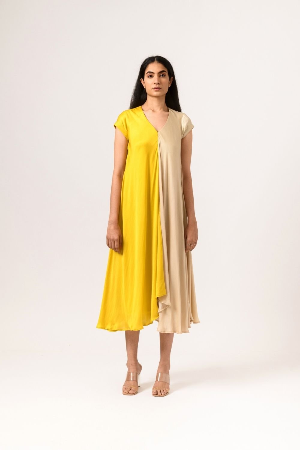 Yellow-Ecru Colorblock V-Neck Midi Drape Dress