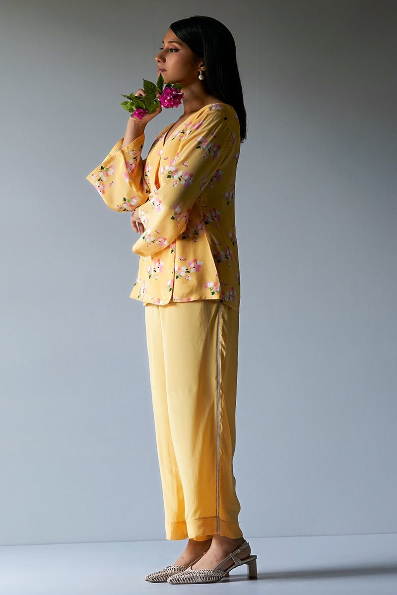 Yellow Floral Wrap Top and Straight Pants Co-ord Set