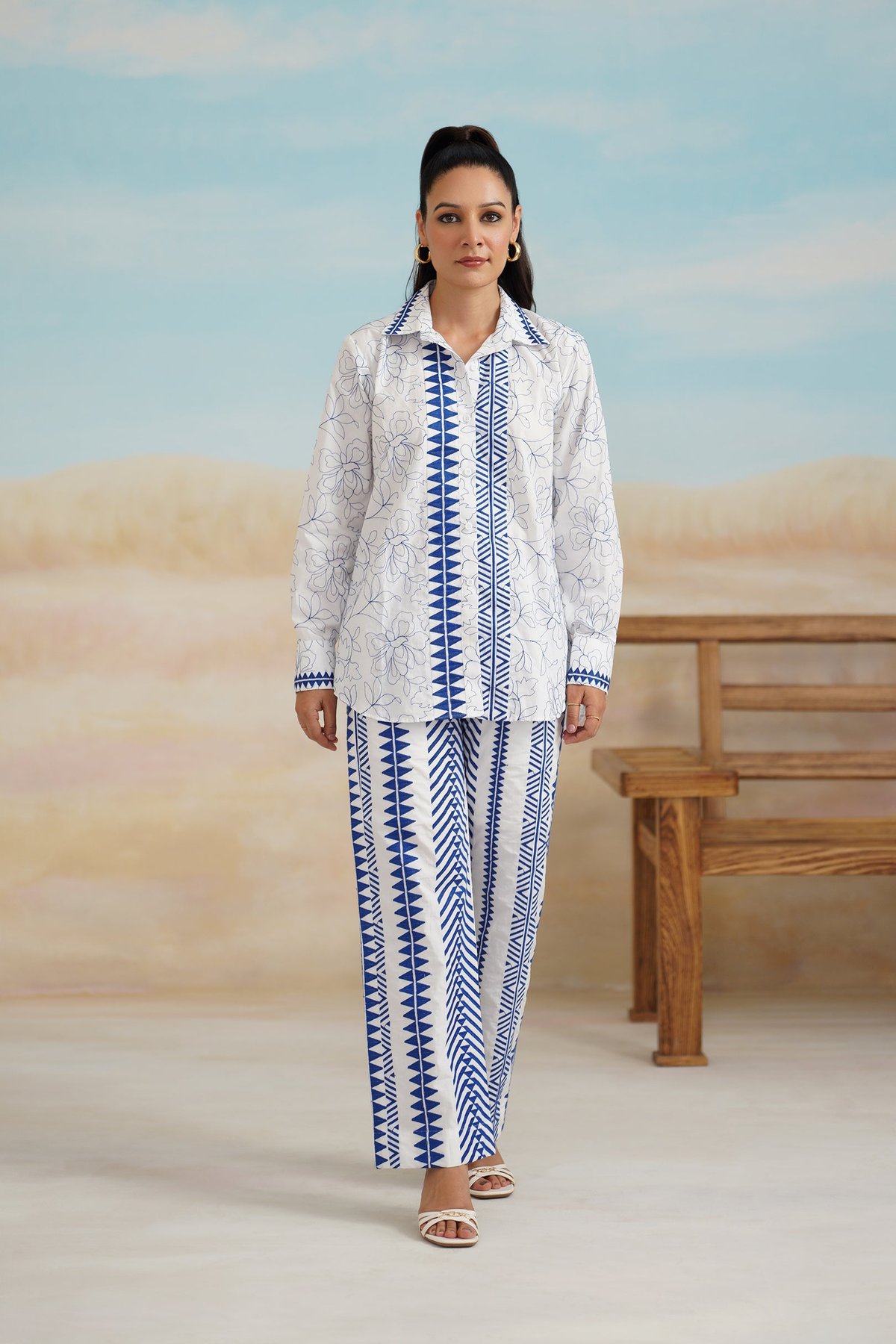 White and Blue Printed Shirt and Pant Co-ord Set