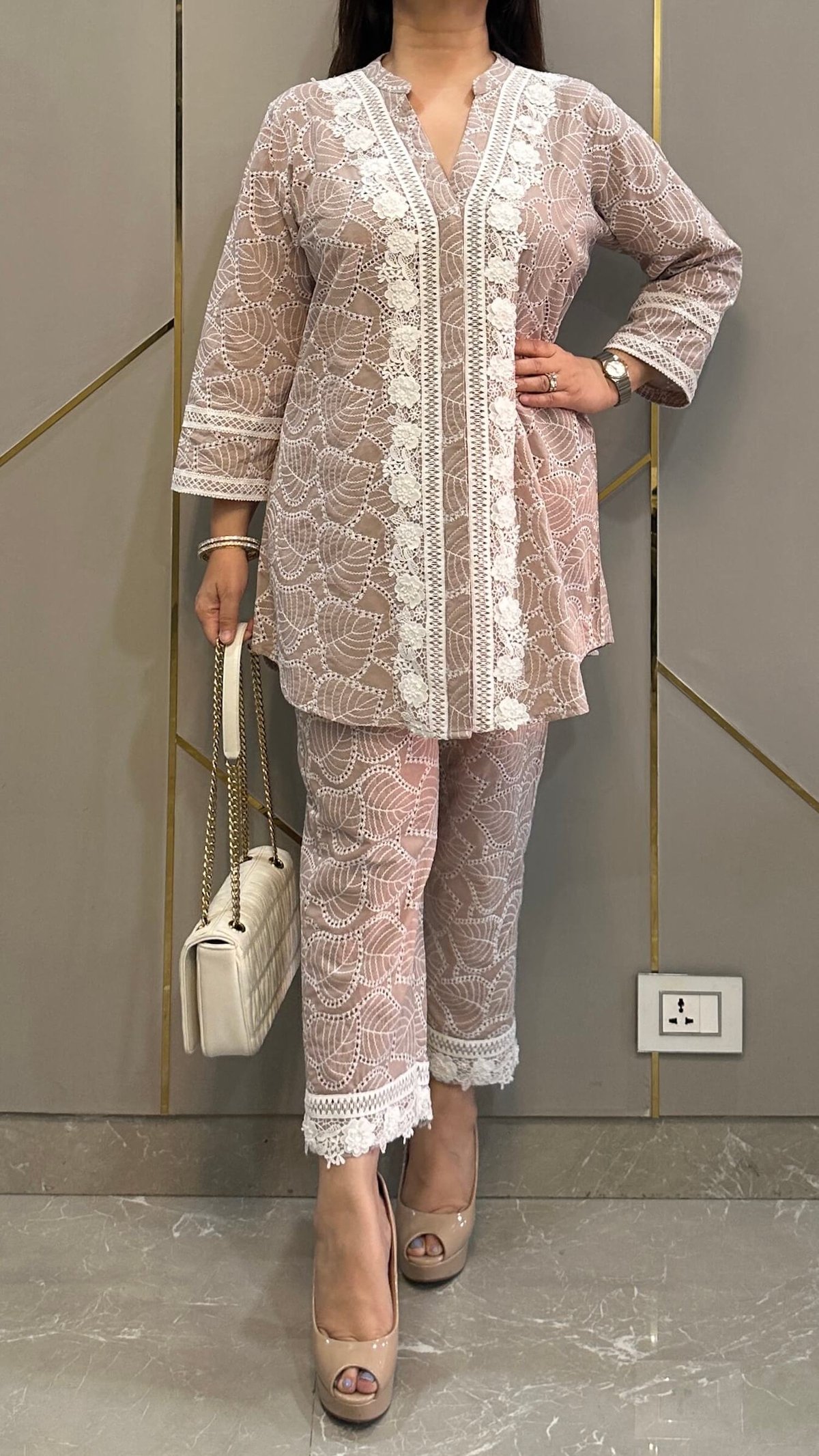 Almond Beige Cotton Chikankari Lace Co-ord Set