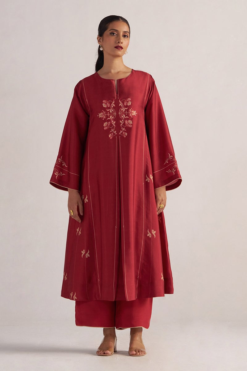 Rio Red Embroidered A-Line Co-ord Set with Wide-Leg Pants