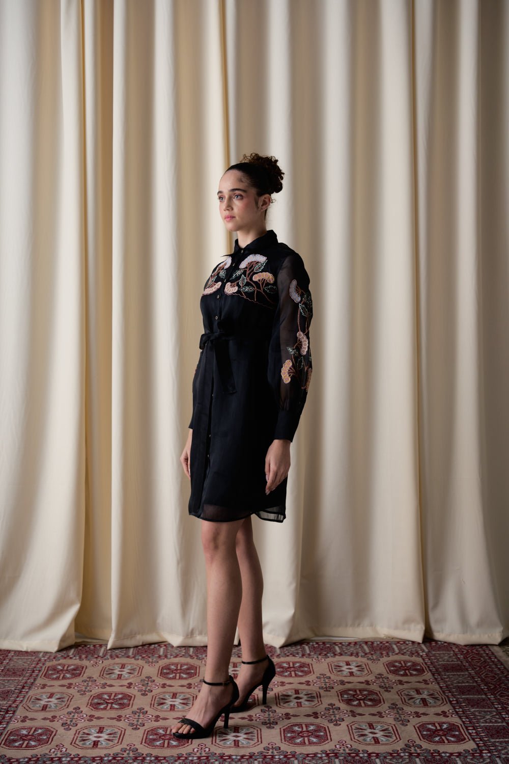 Black Sheer Organza Embroidered Shirt Dress with Slip