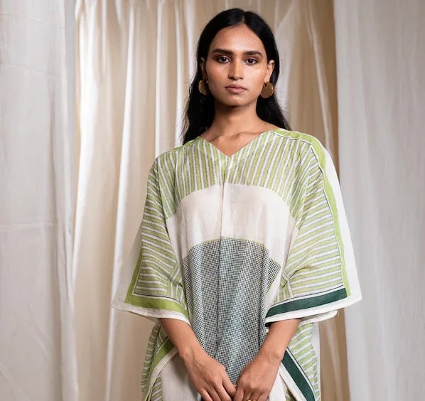 White Striped Cotton Kaftan with V-Neck
