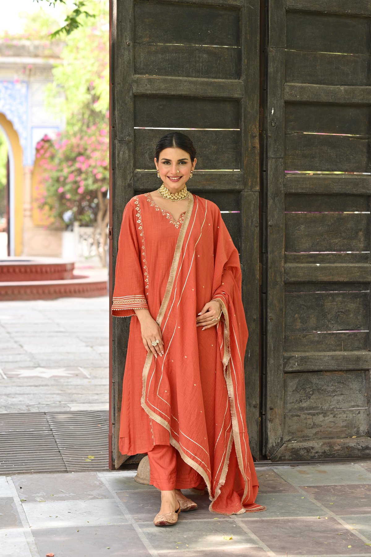 Rustic Orange Gota Work Mul Chanderi Suit Set