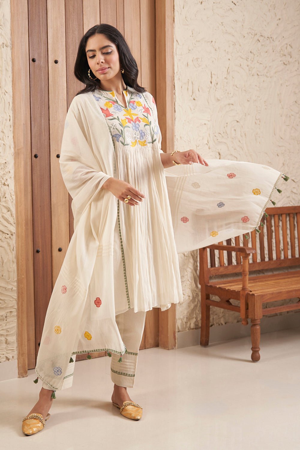 Ivory Mul Mul Straight Kurta Set With Embroidered Yoke
