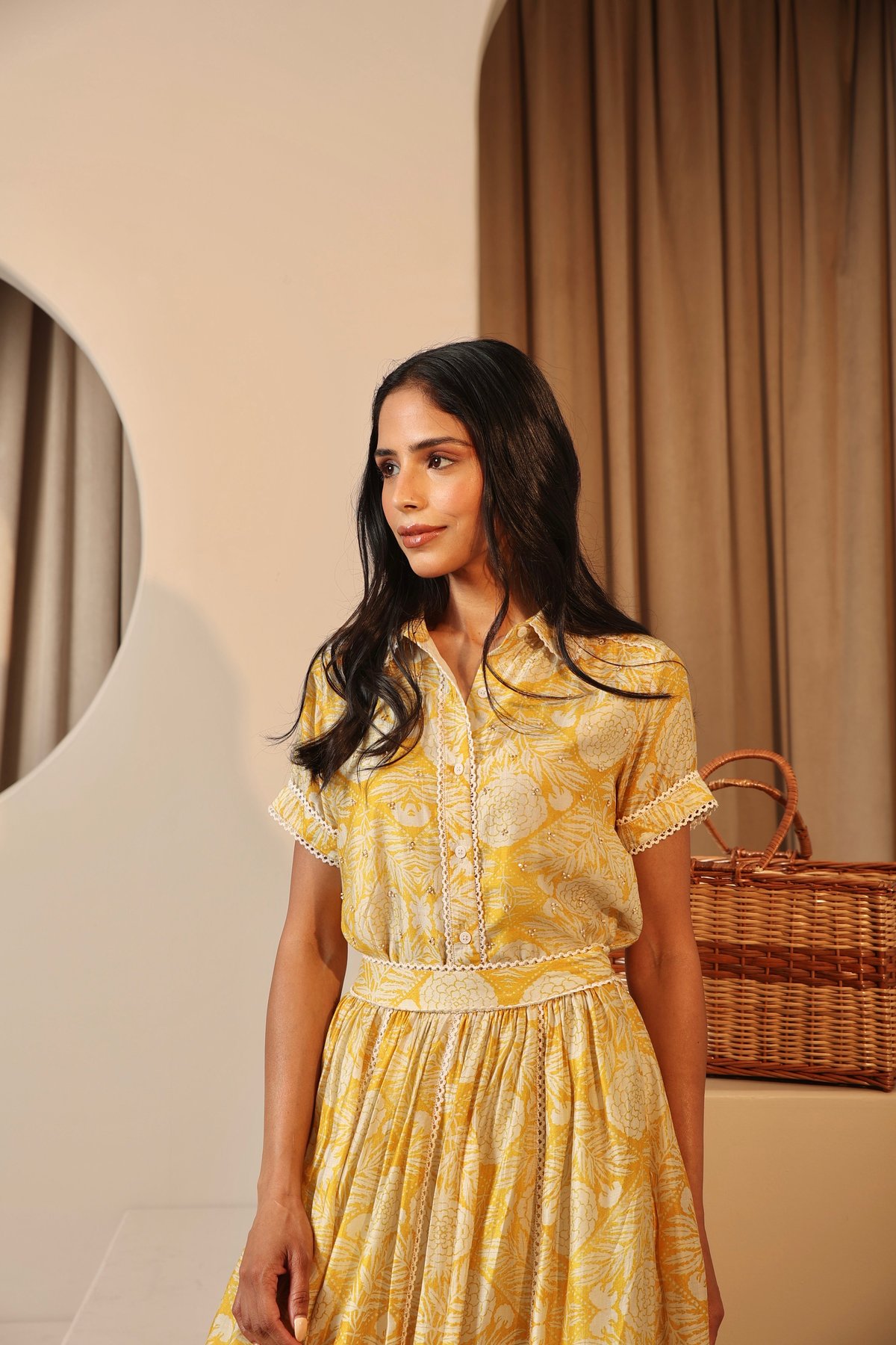 Yellow and Ivory Floral Printed Button-Down Shirt