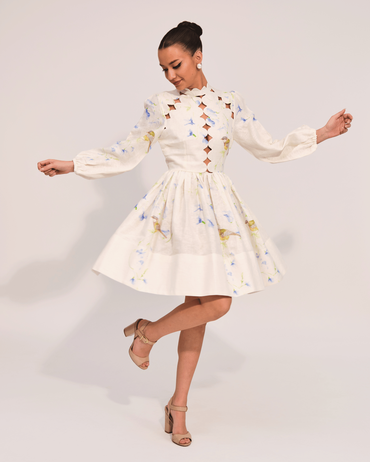 Scallop-Neck Printed Linen Cutwork Fit and Flare Mini Dress
