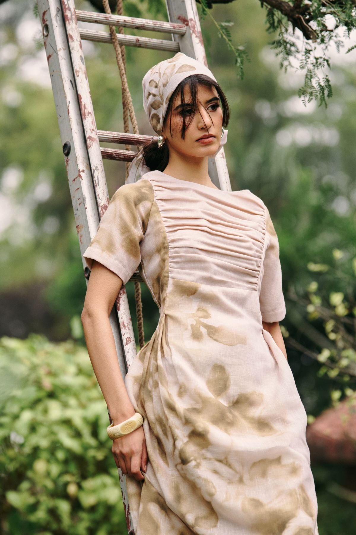 Beige Printed Linen Fit and Flare Midi Dress