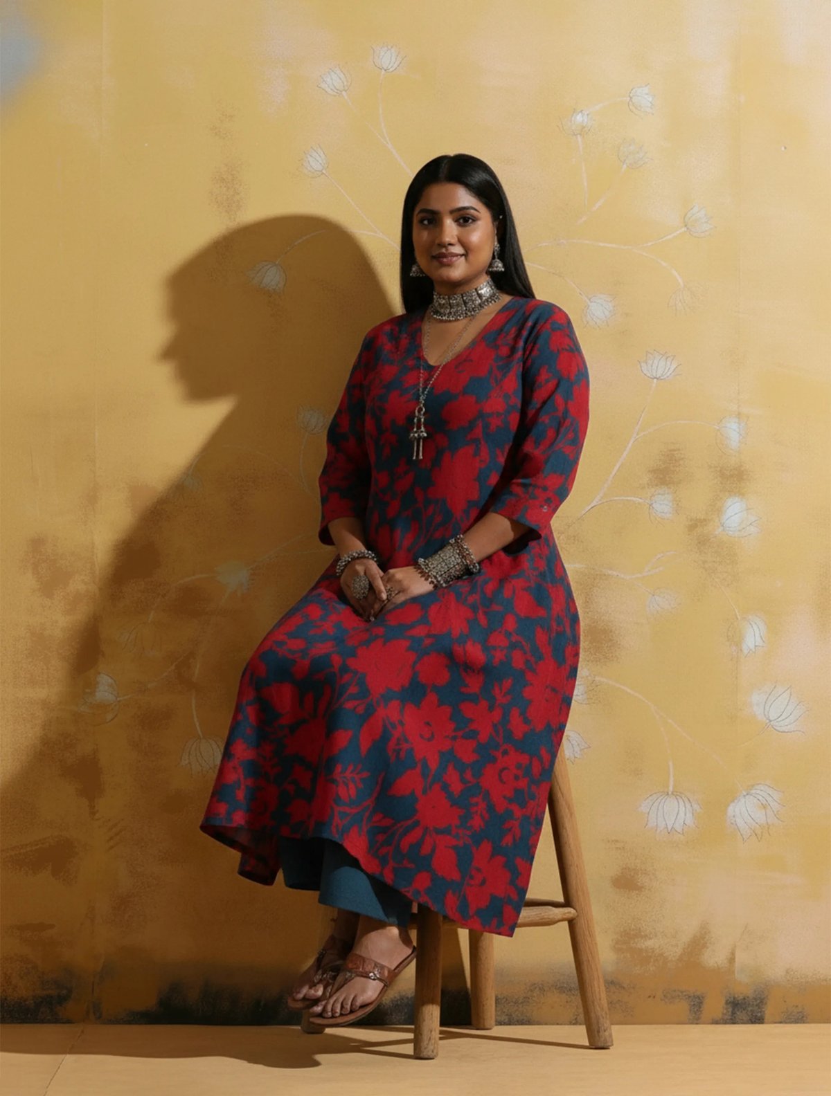 Teal-Red Floral Print Muslin Silk A-Line Kurta Set