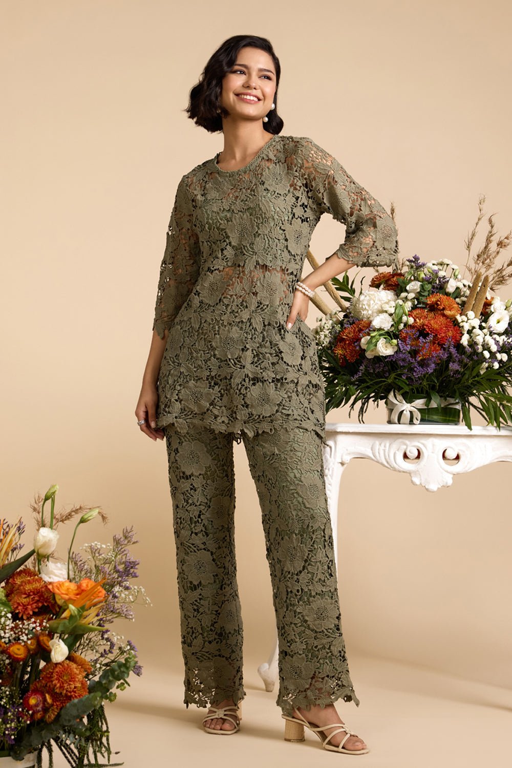 Olive Green Lace Tunic and Wide-Leg Pants Co-ord Set