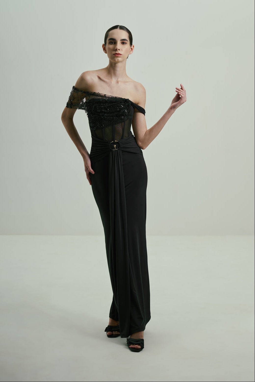 Black Off-Shoulder Sequined Corset Maxi Gown