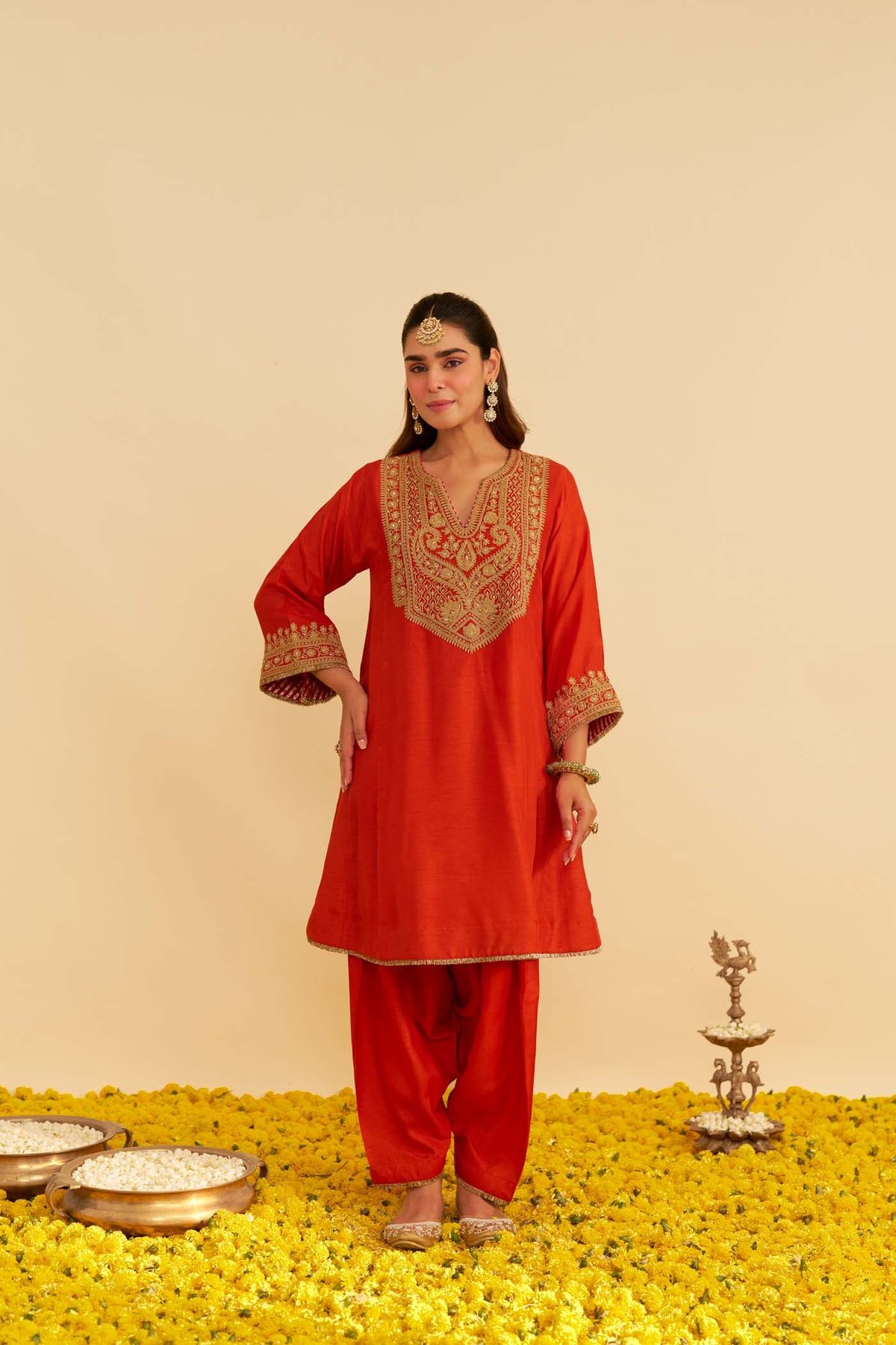 Burnt Orange Upada Silk Embroidered Kurta Set with Salwar