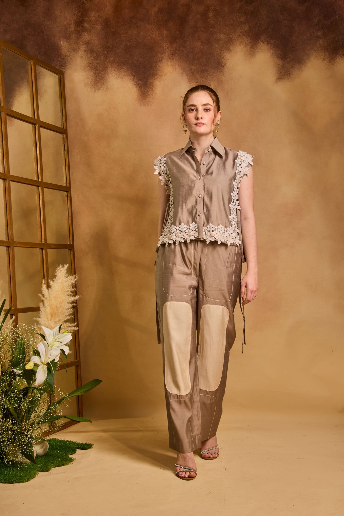 Cream and Copper Roman Silk Co-ord Set with Floral Applique