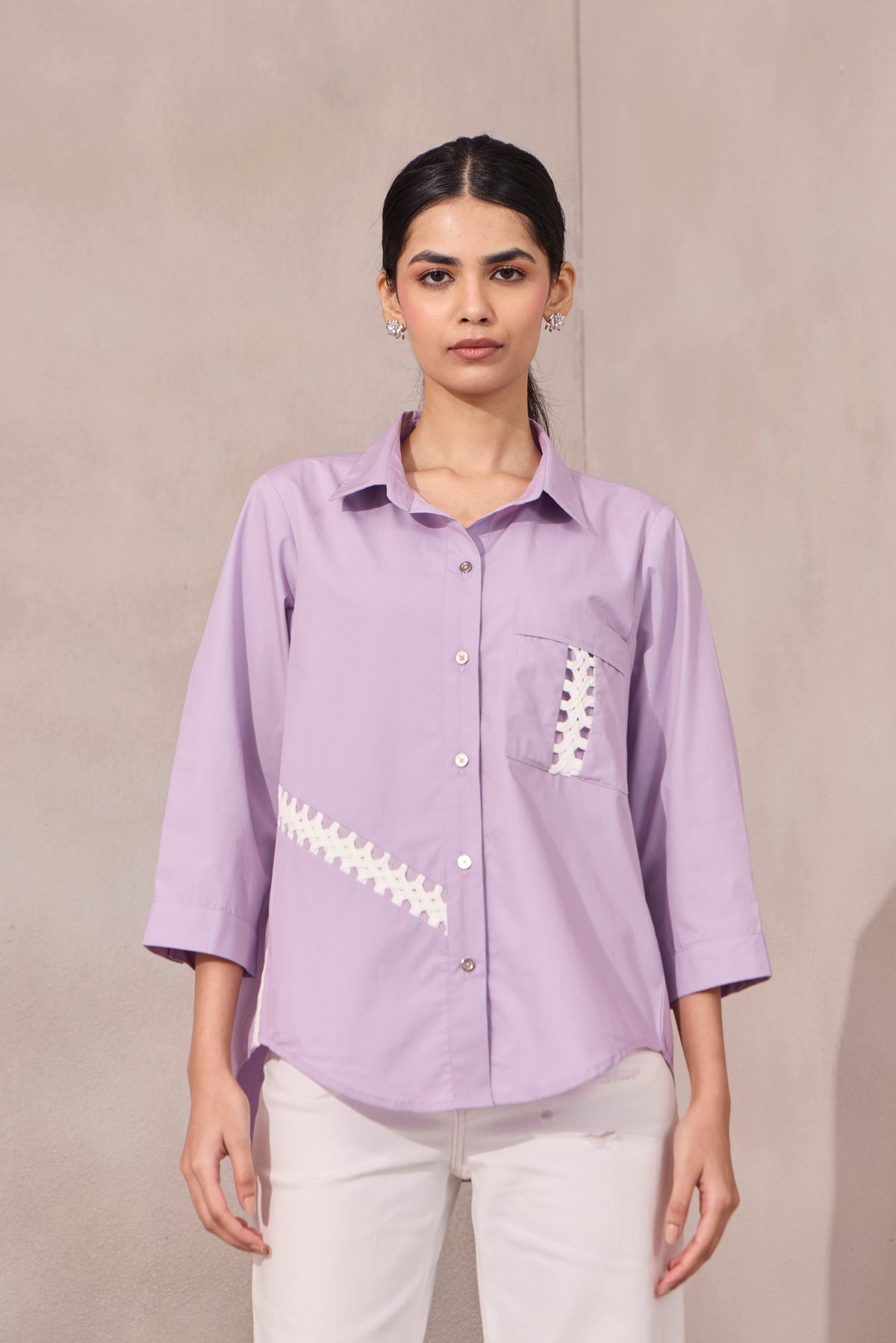 Sweet Lavender Cotton Poplin Shirt with Lace Inlay