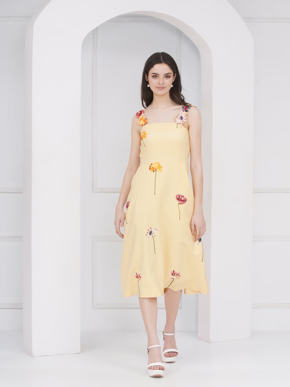 Butter Yellow Floral Embroidered Strap Midi Dress