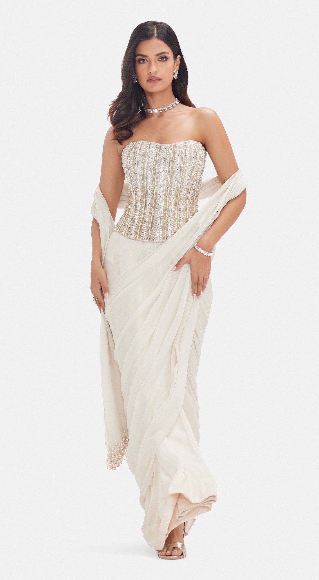 Ivory Georgette Draped Saree Set with Embellished Corset