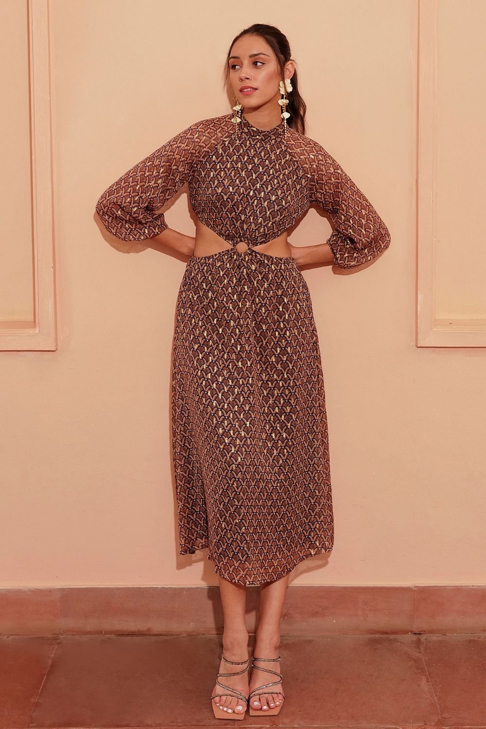 Rose Gold Metallic Geometric Midi Dress with Waist Cut-Out
