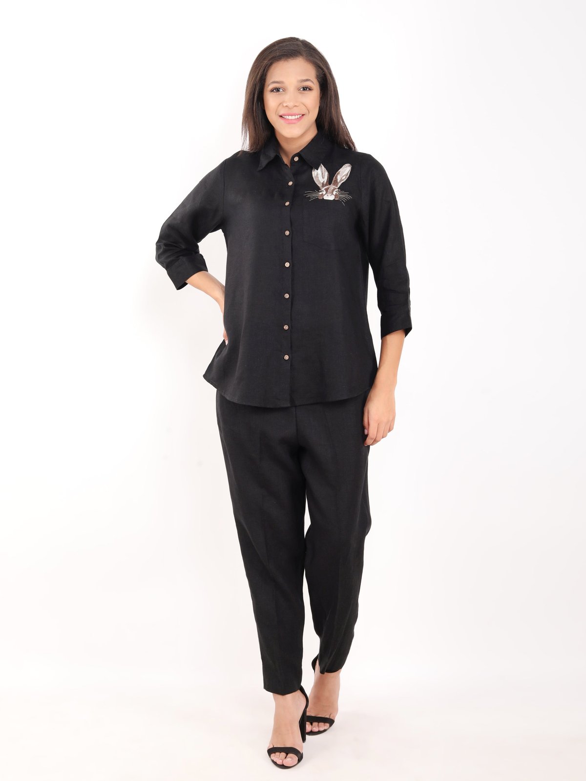 Black Linen Shirt with Rabbit Embroidery