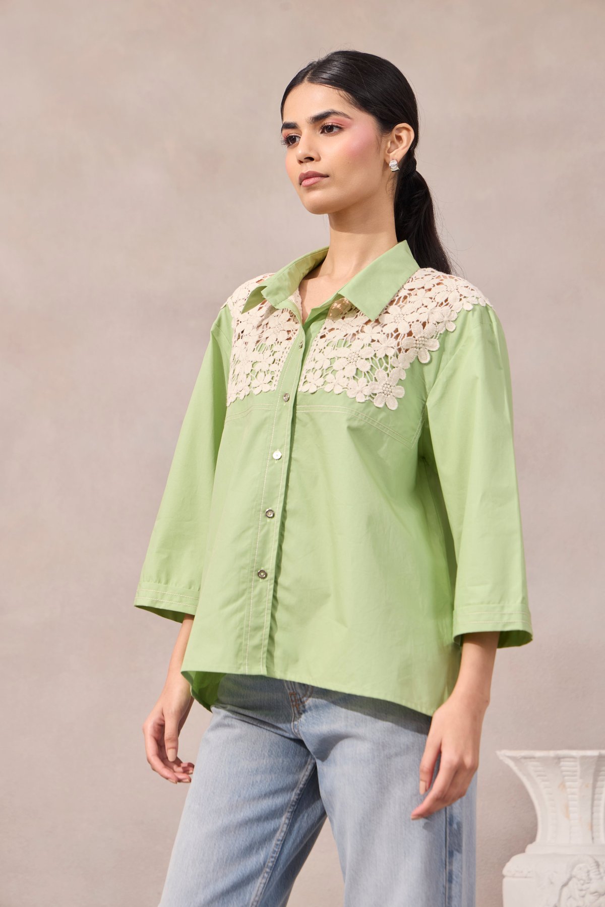 Foam Green Cotton Poplin Shirt with Crochet Yoke