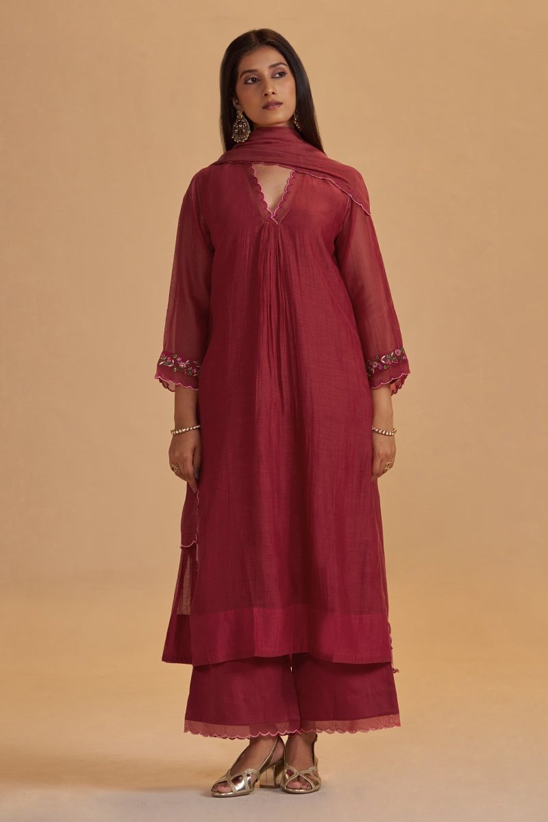 Deep Rose Chanderi Silk Embroidered 3-Piece Kurta Set