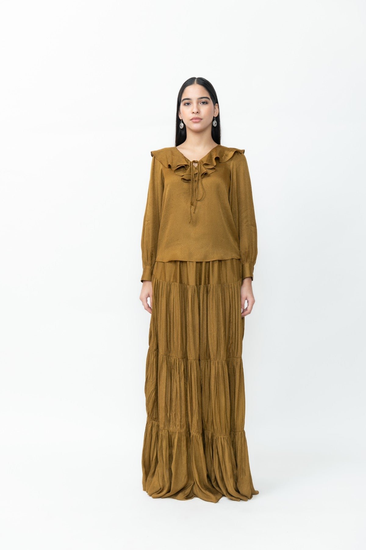 Mustard Ruffle Neck Top and Tiered Maxi Skirt Co-ord Set