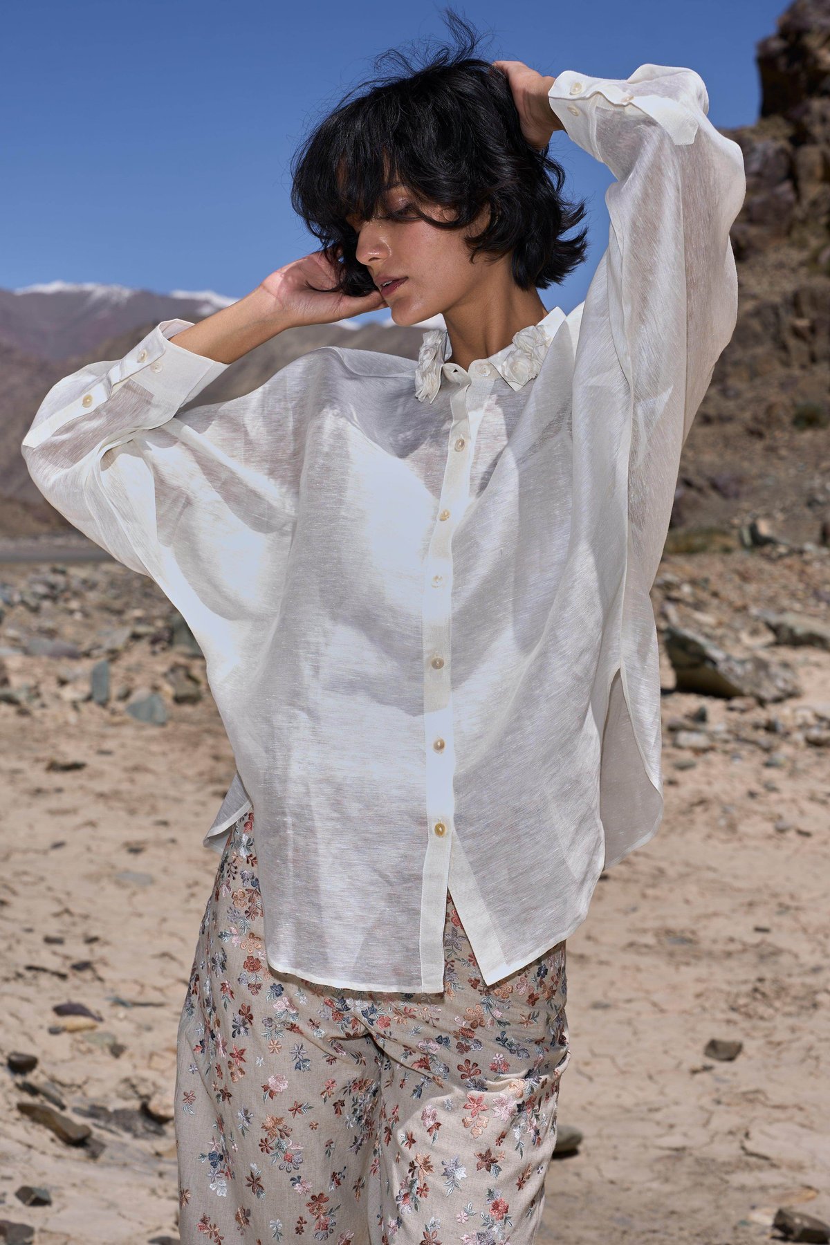 Natural Sheer Silk-Linen Boxy Shirt with Floral Collar