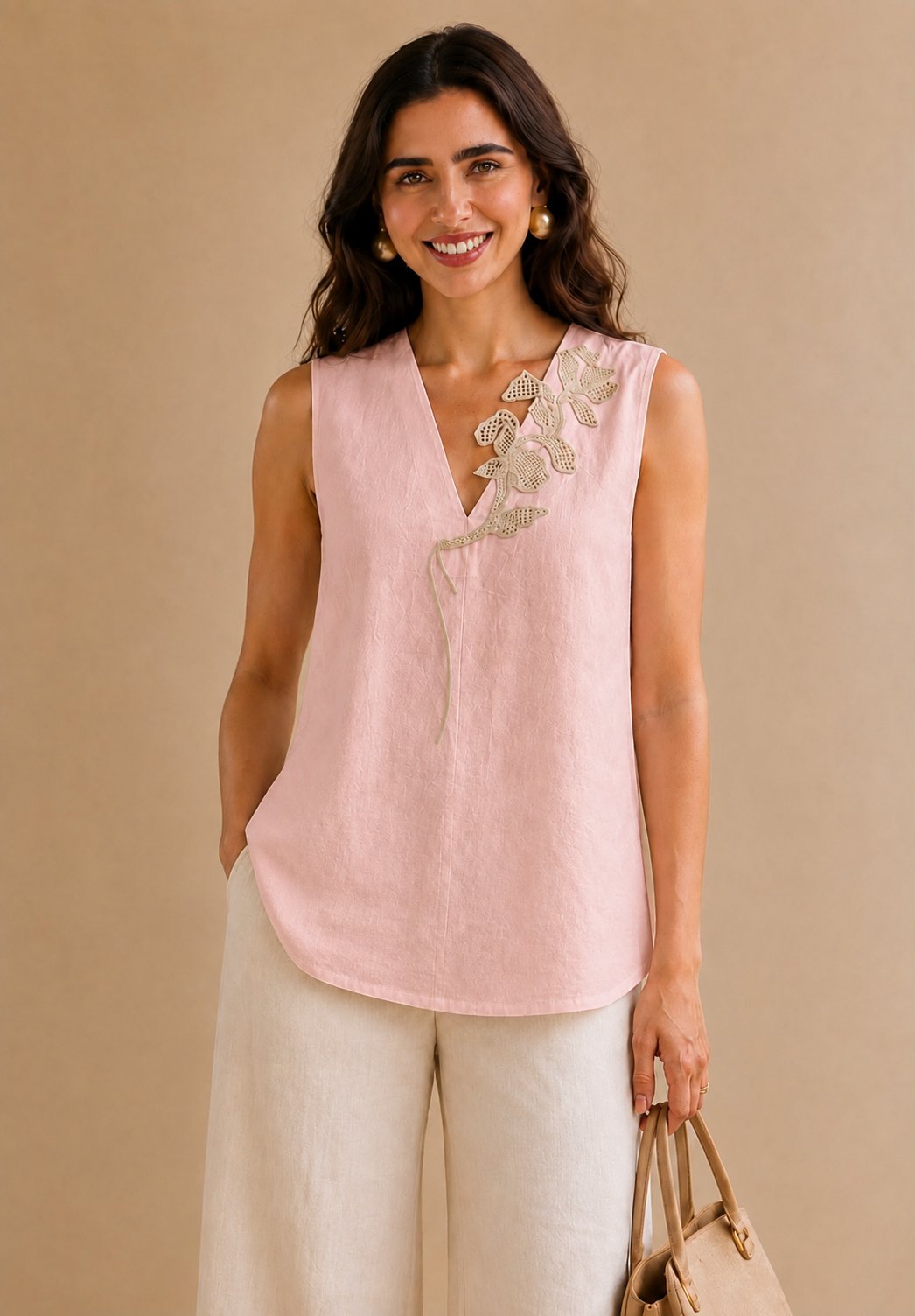 Blush Pink V-Neck Appliqué Sleeveless Top