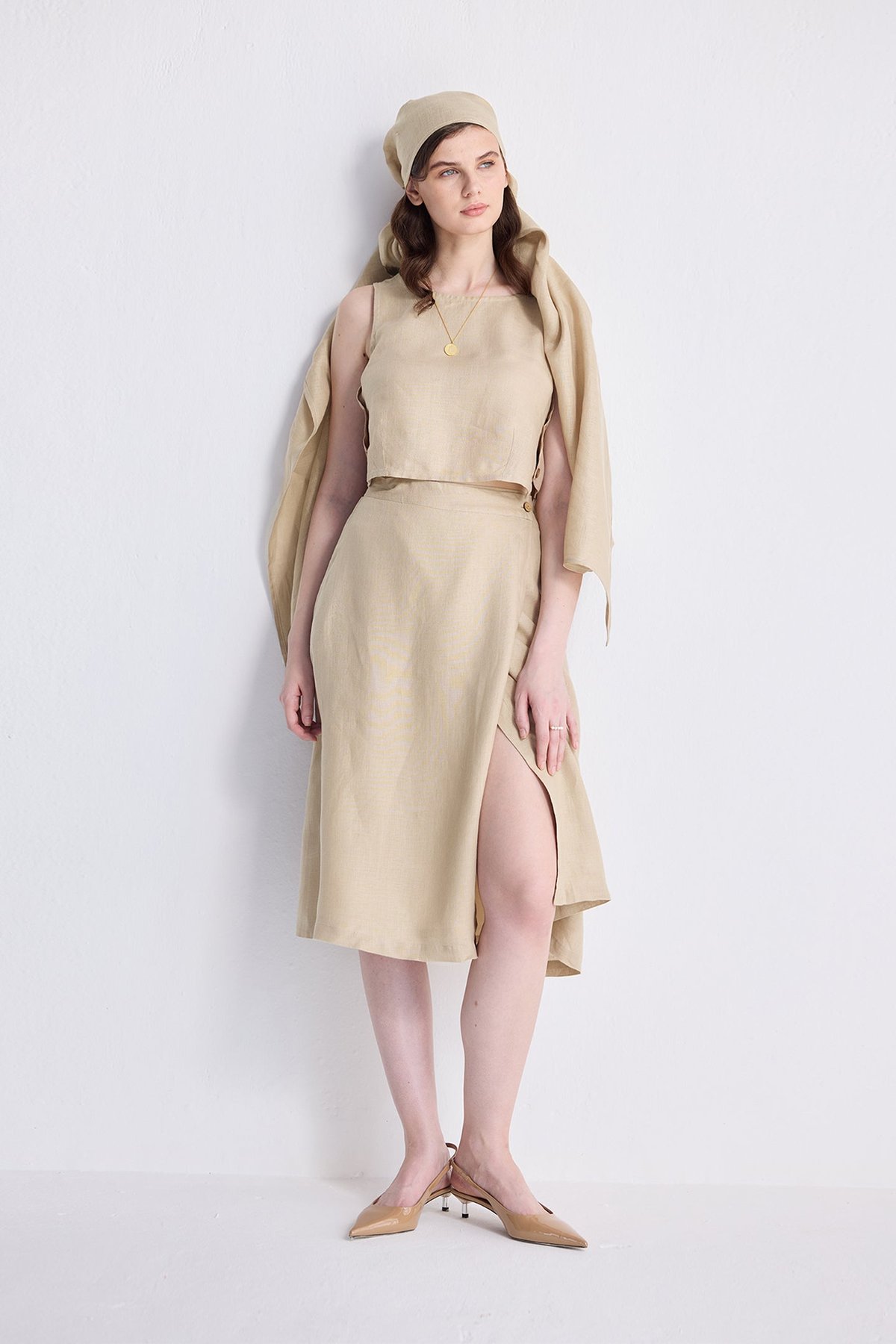 Neutral Beige Hemp Overlap Wrap Midi Skirt with Pockets