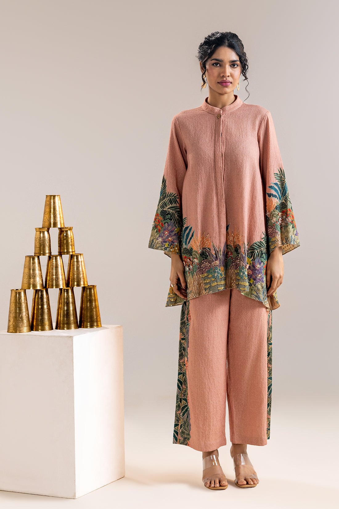 Pink Embellished Kurta and Wide-Leg Pants Co-ord Set