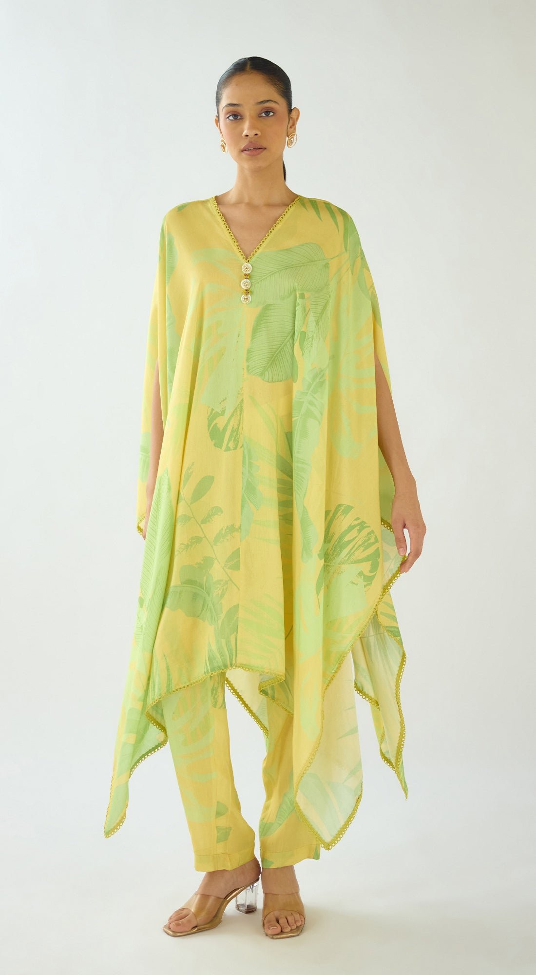 Yellow Muslin Printed Kaftan Top and Pants Co-ord Set