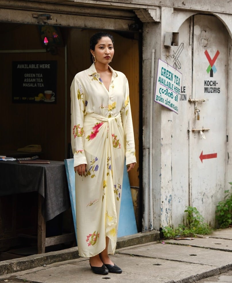 Pookkuda Cream Drape Skirt Set