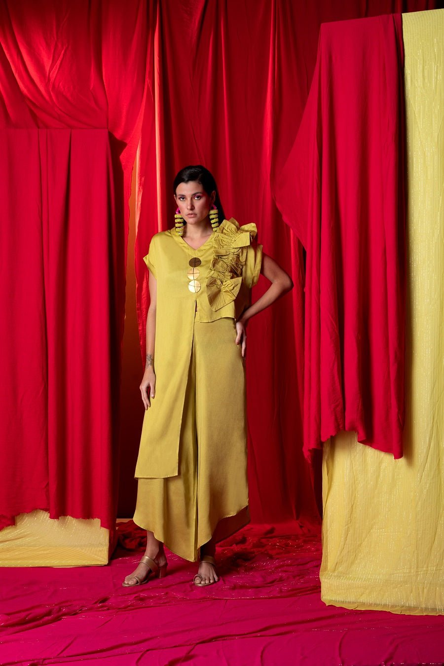 Lime Green Ruffle Shoulder Tunic and Palazzo Co-ord Set
