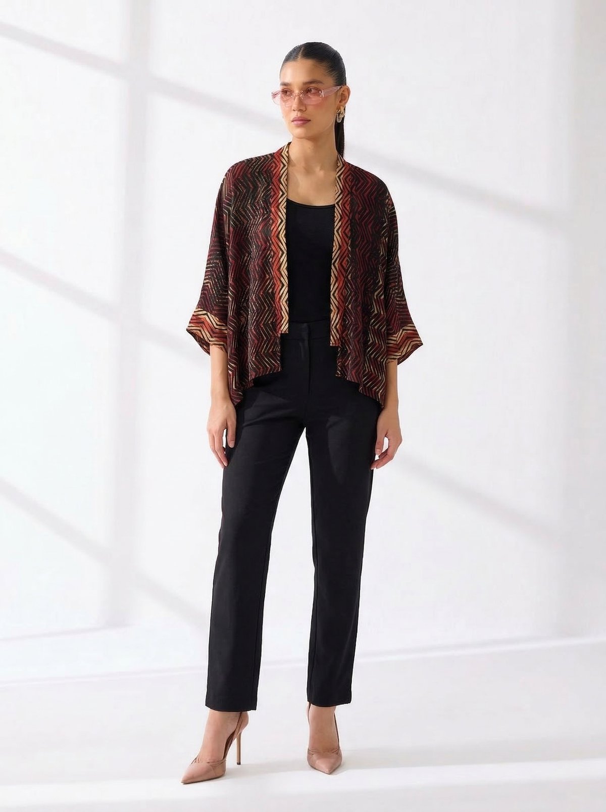 Maroon and Black Chevron Modal Open-Front Shrug