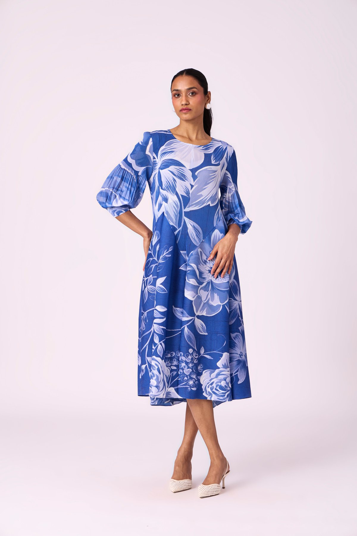Blue Floral Pleated Fit and Flare Midi Dress