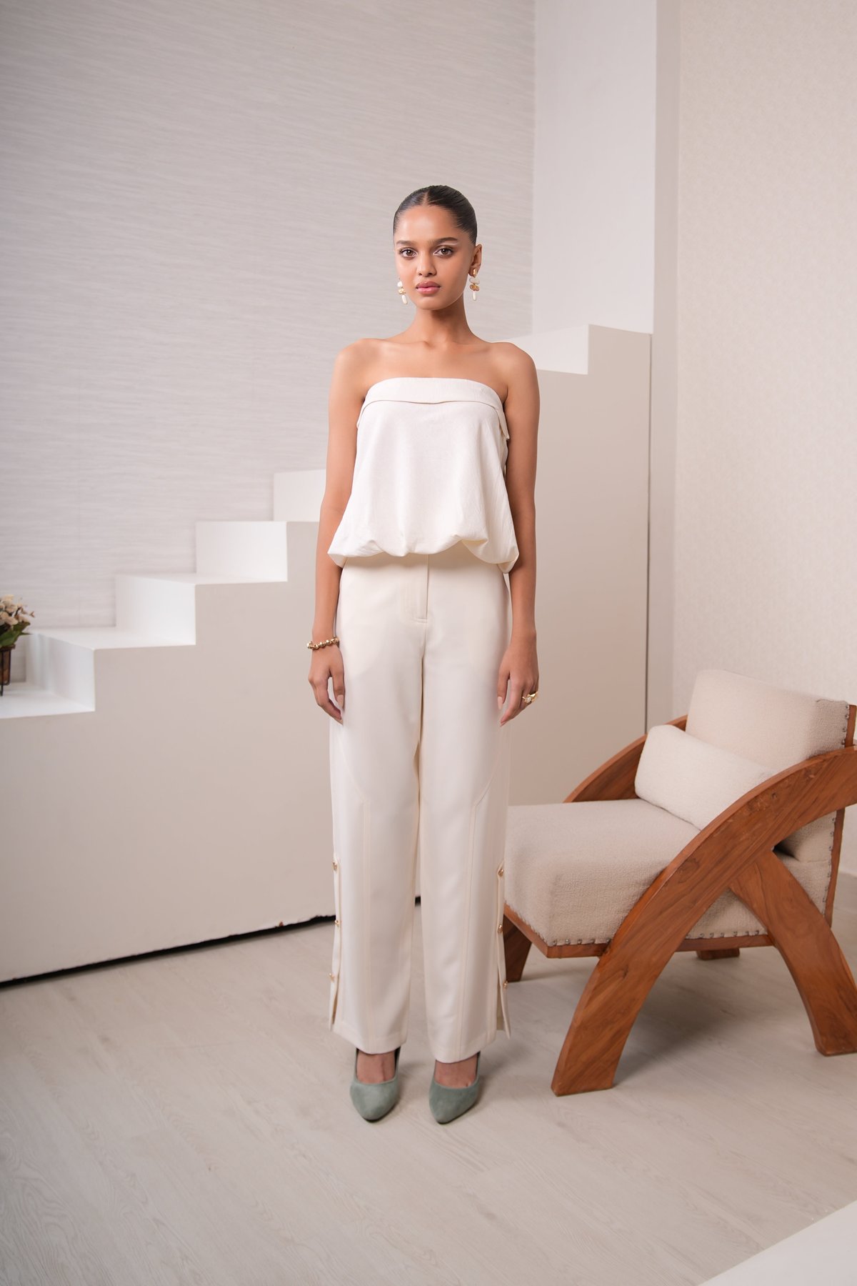 Ivory Twill Wide-Leg Trousers with Side Slit Detail