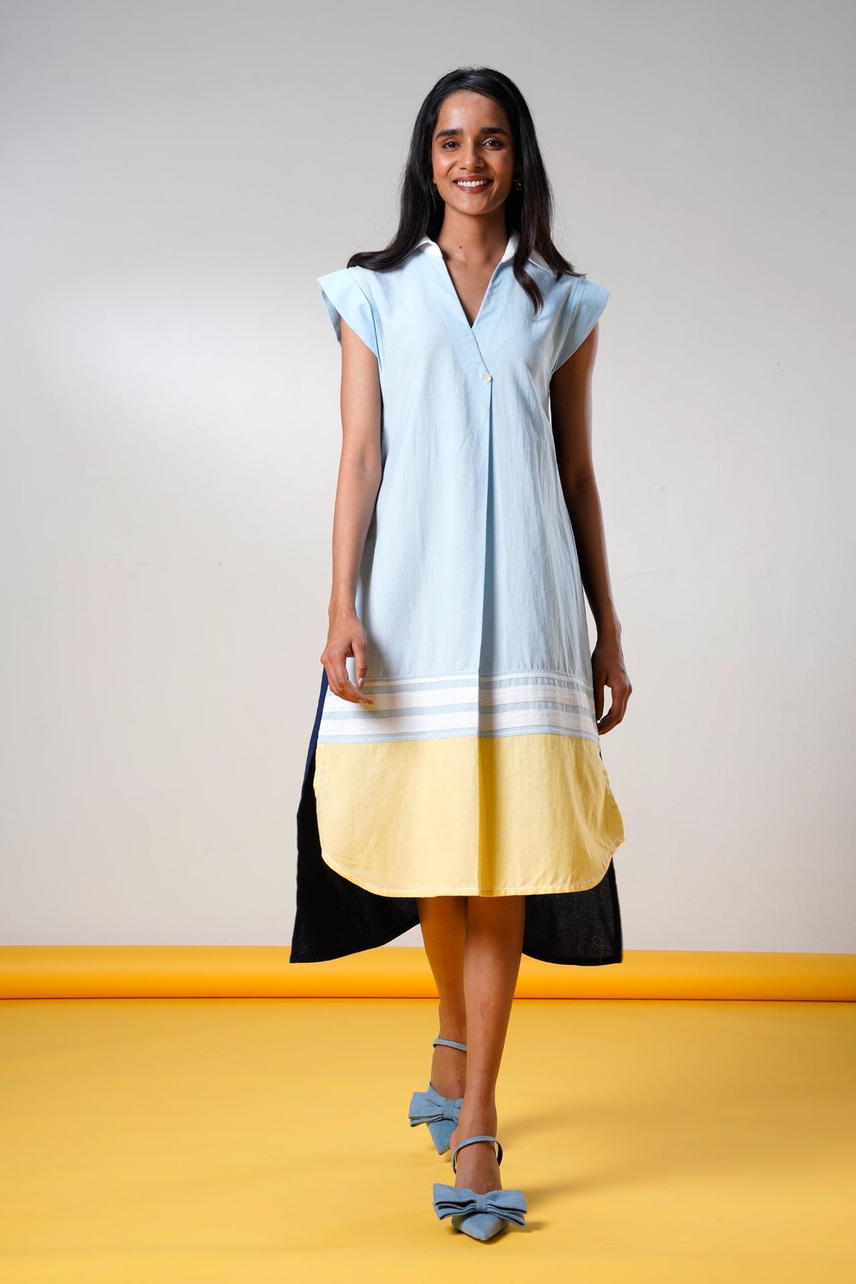 Blue Colorblock Shirt-Style Midi Dress with Pockets