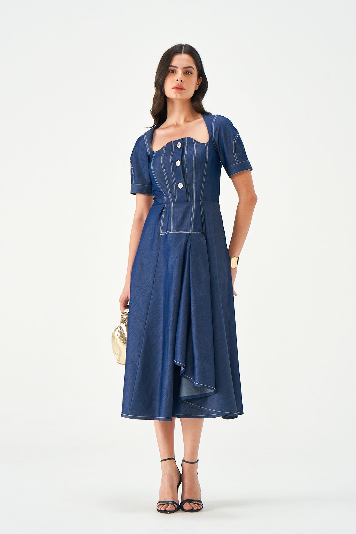 Blue Denim Midi Dress with Bustier Bodice and Asymmetrical Hem