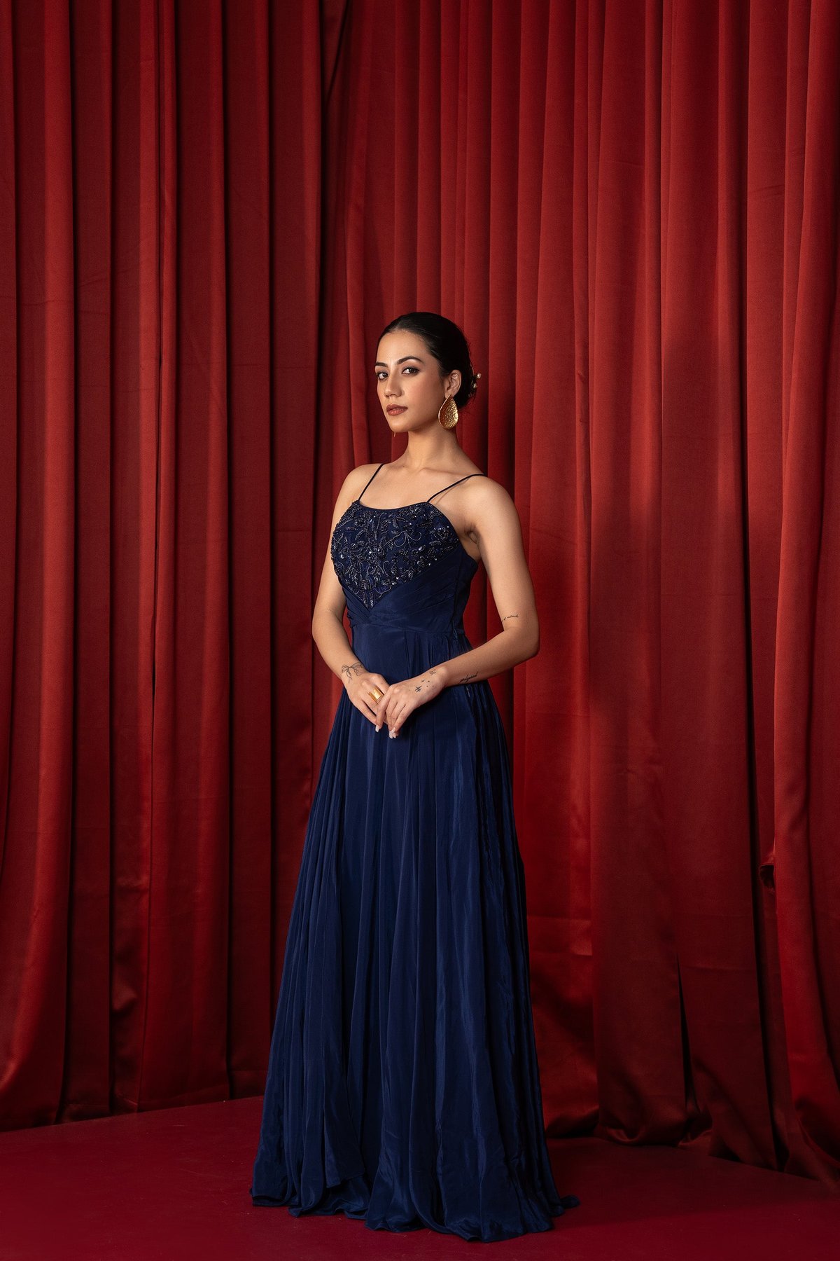 Navy Blue Sweetheart Neck Maxi Gown