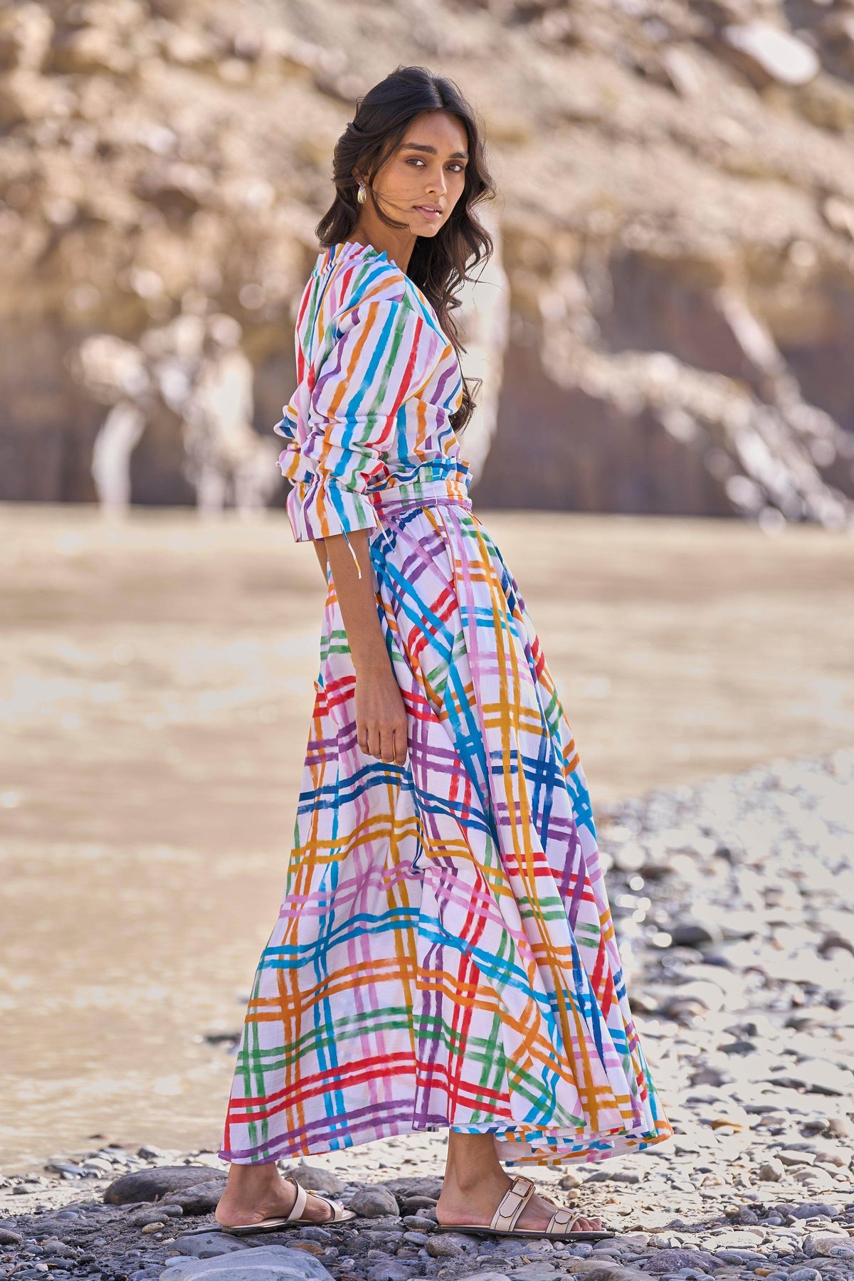 Multi-Checked Cotton Poplin A-Line Maxi Skirt