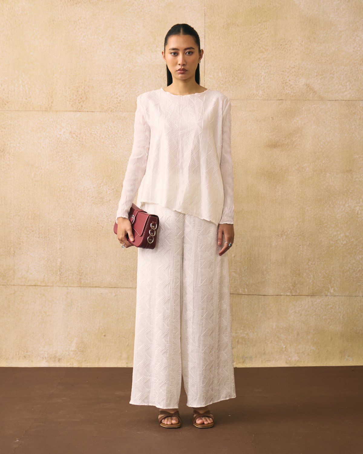 White Textured Top and Wide-Leg Pants Co-ord Set