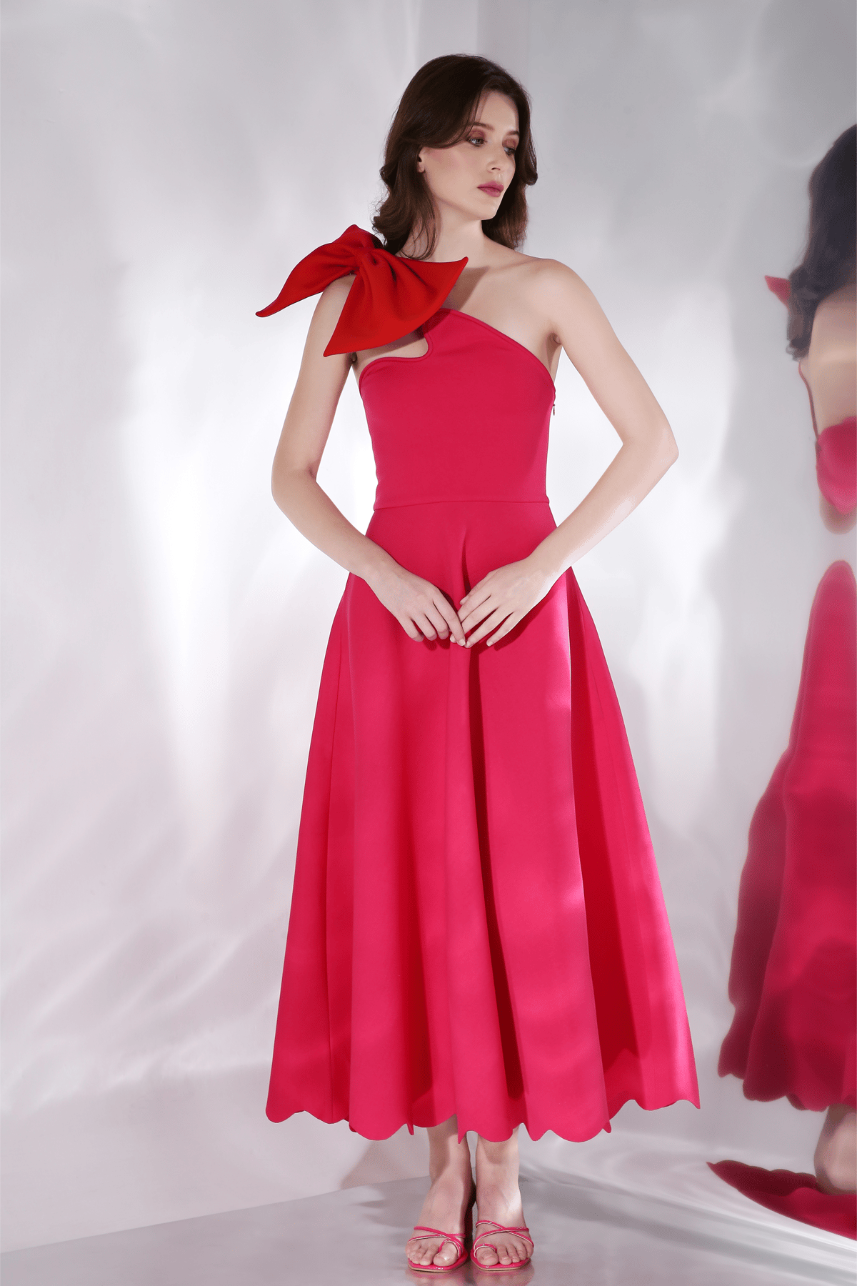 Hot Pink Fit and Flare Midi Dress with Detachable Bow