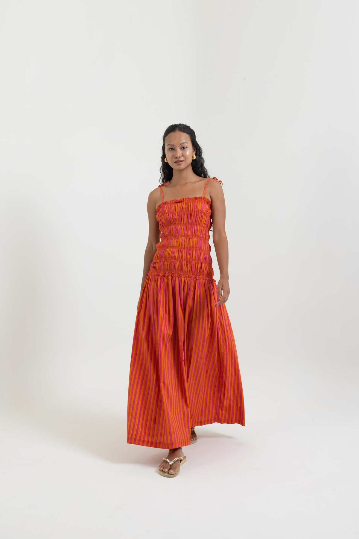 Orange and Pink Striped Smocked Maxi Dress