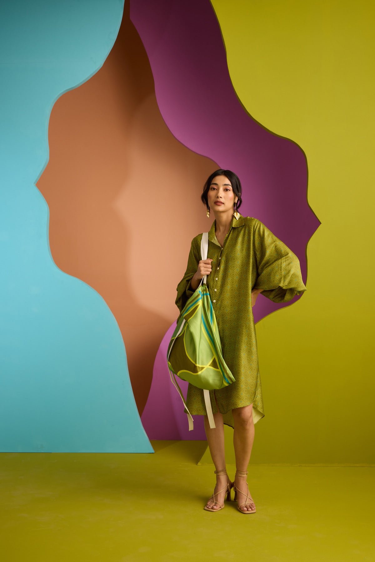Olive Printed Satin Oversized Shirt Dress with Pockets
