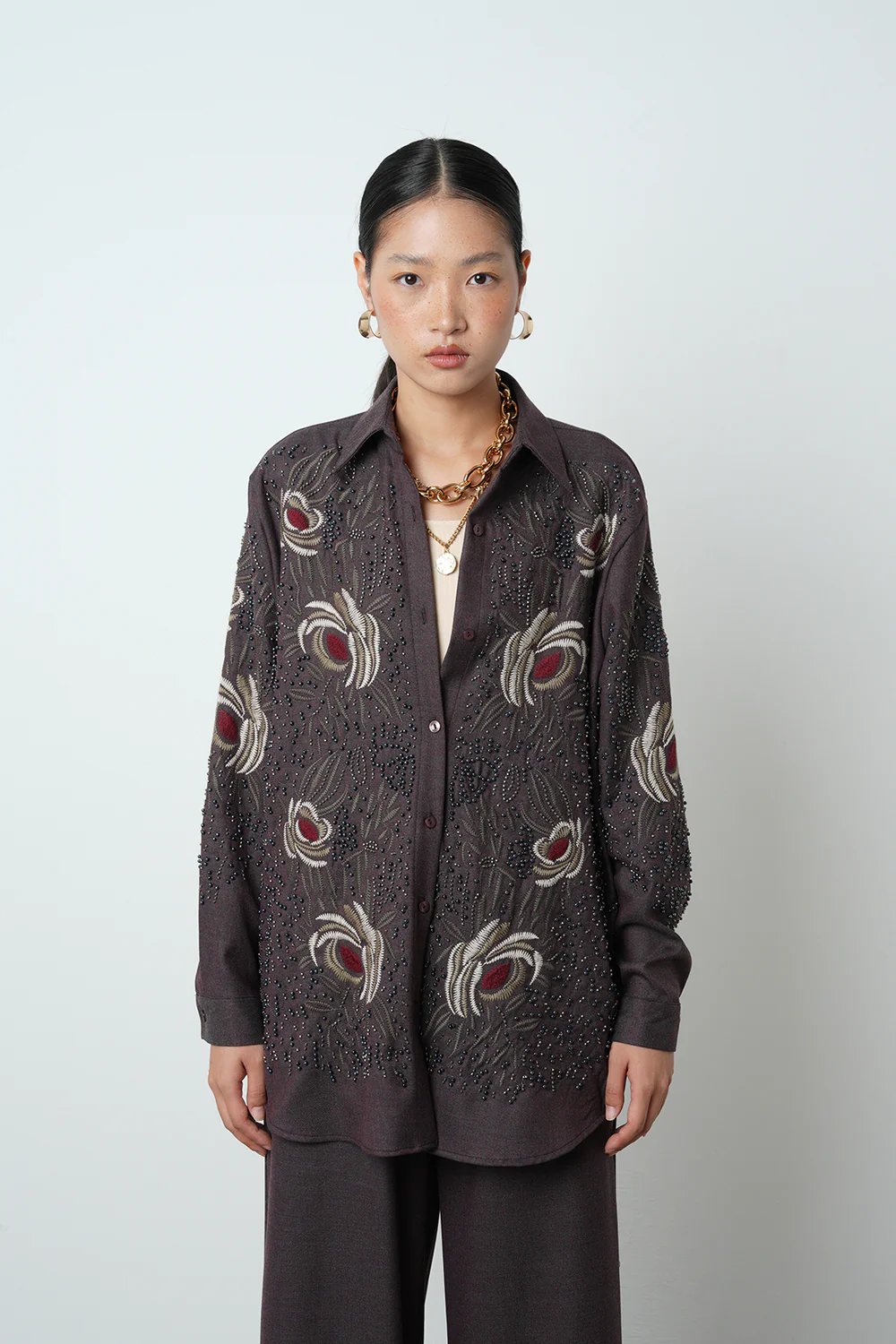 Brown Embroidered & Beaded Longline Button-Up Shirt