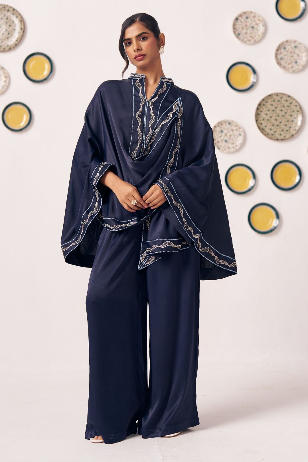 Navy Blue Draped Embroidered Cape Top & Wide-Leg Pants Co-Ord Set