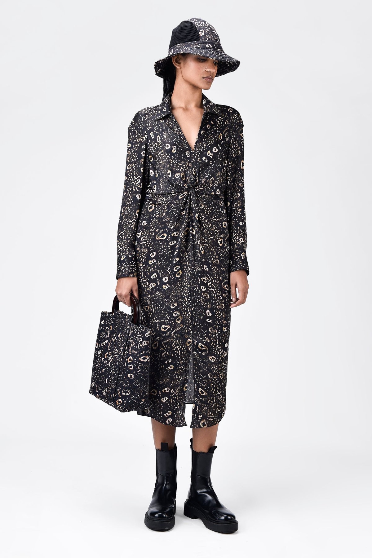 Khaki Animal Print Straight Shirt Dress with Front Knot
