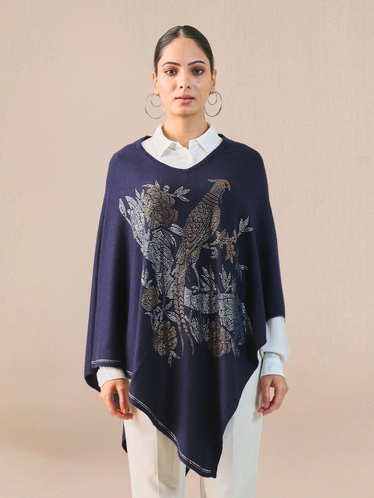 Dark Blue Wool Cape Poncho with Beadwork Motif