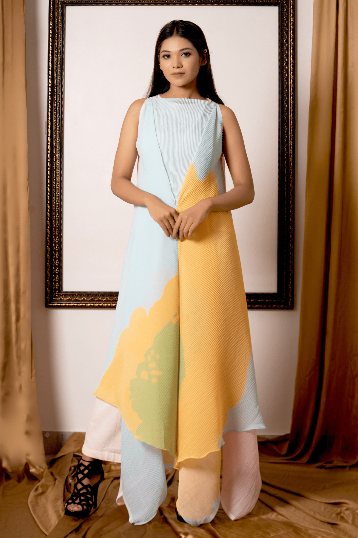 Multicolor Pleated Colorblock Drape Co-ord Set
