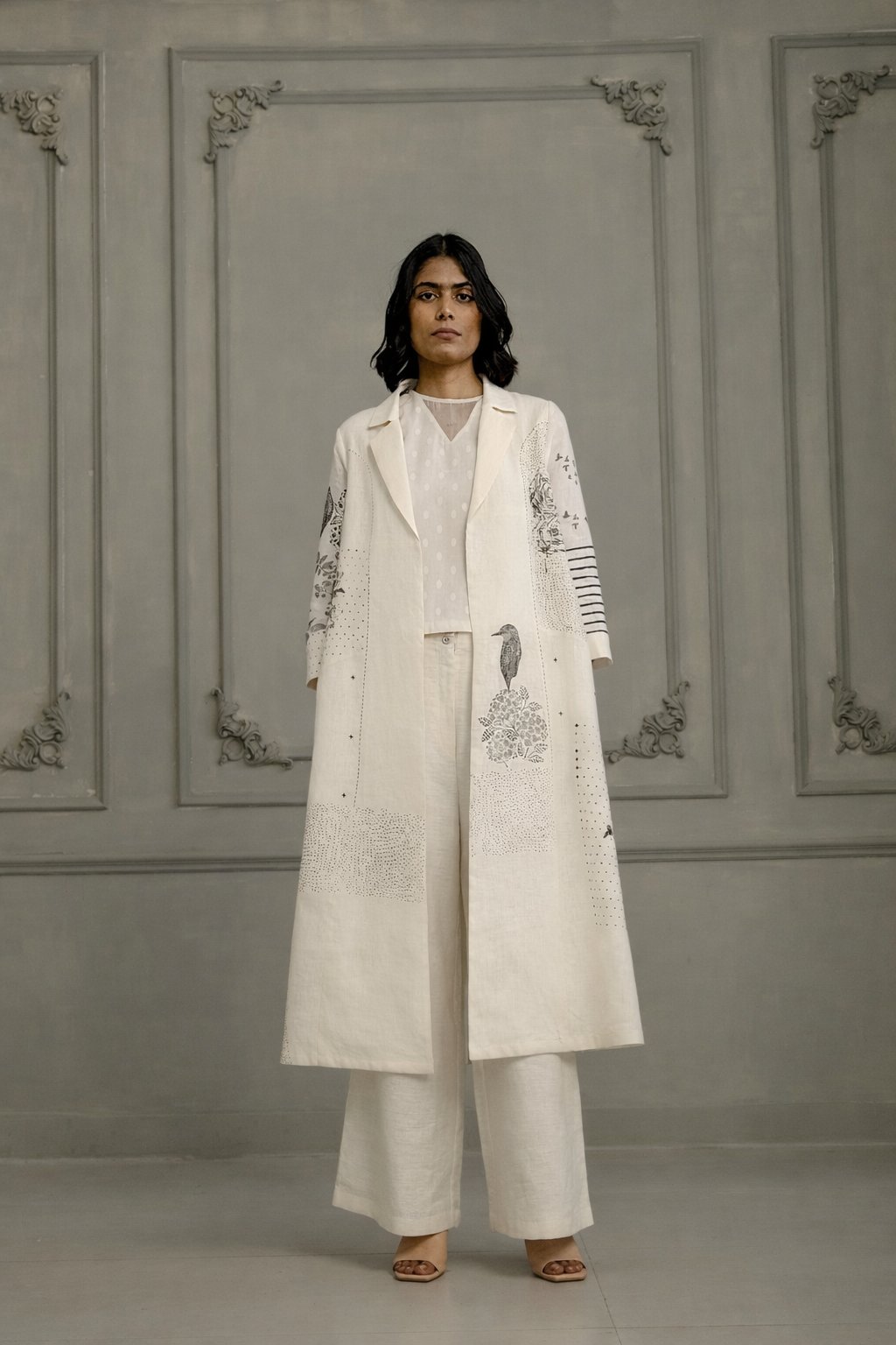 Ivory Embroidery Jacket With Top And Flared Pant